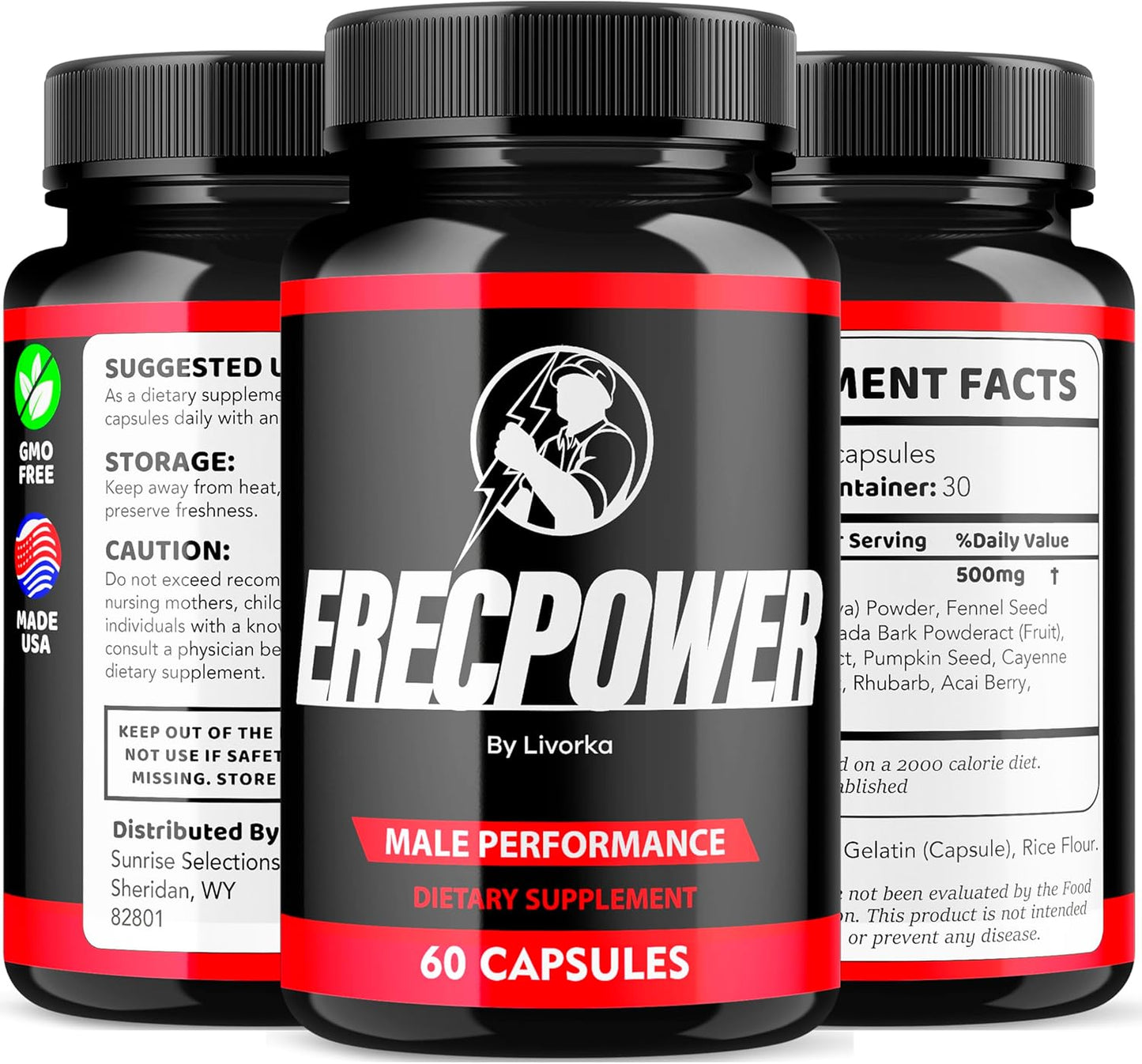 5-Pack LIVORKA Erecpower Capsules for Men - Advanced Male Performance Multivitamin Supplement (300 Capsules)