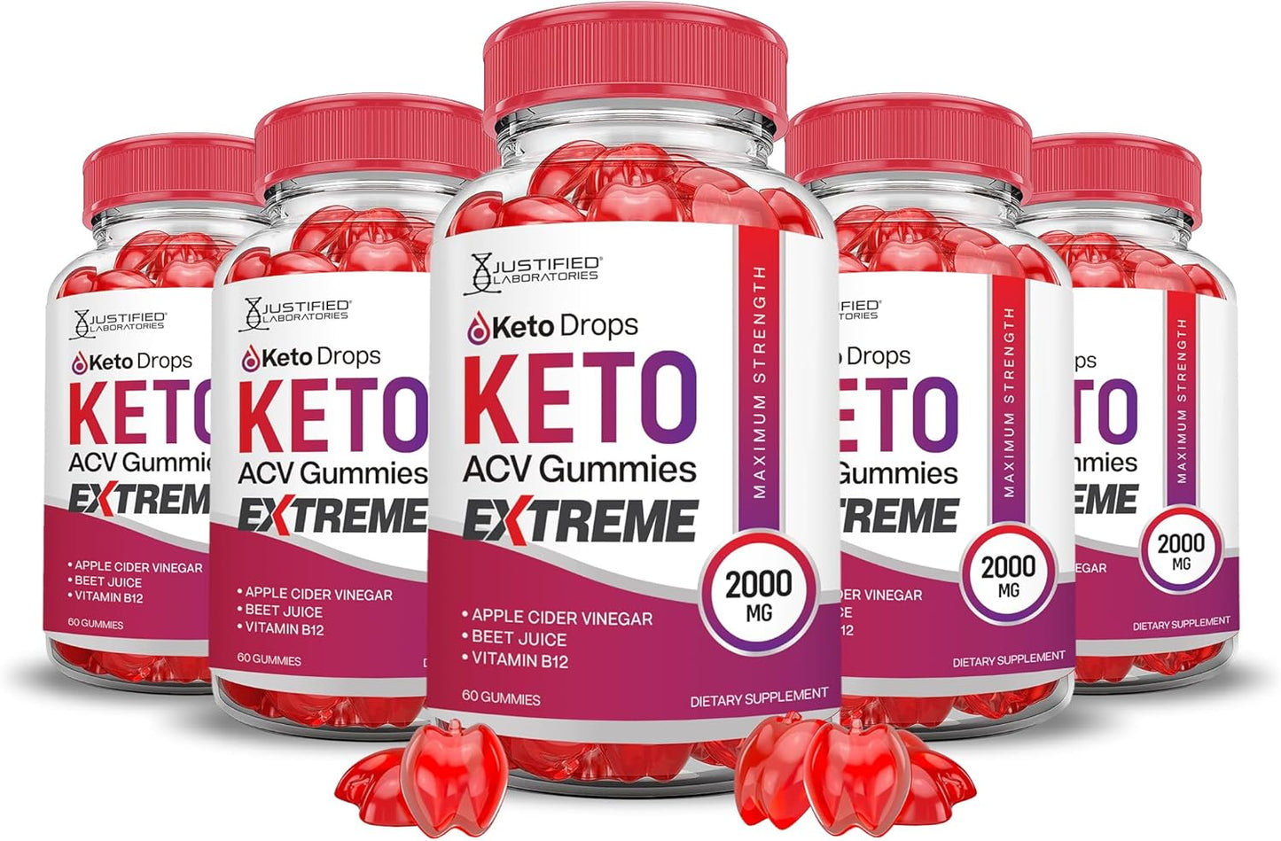 5 Pack of Justified Laboratories Keto Drops and ACV Gummies - 2000MG Extreme Formula with Apple Cider Vinegar, Pomegranate, Beet Juice Powder, B12 - Vegan and Non GMO - 300 Gummies
