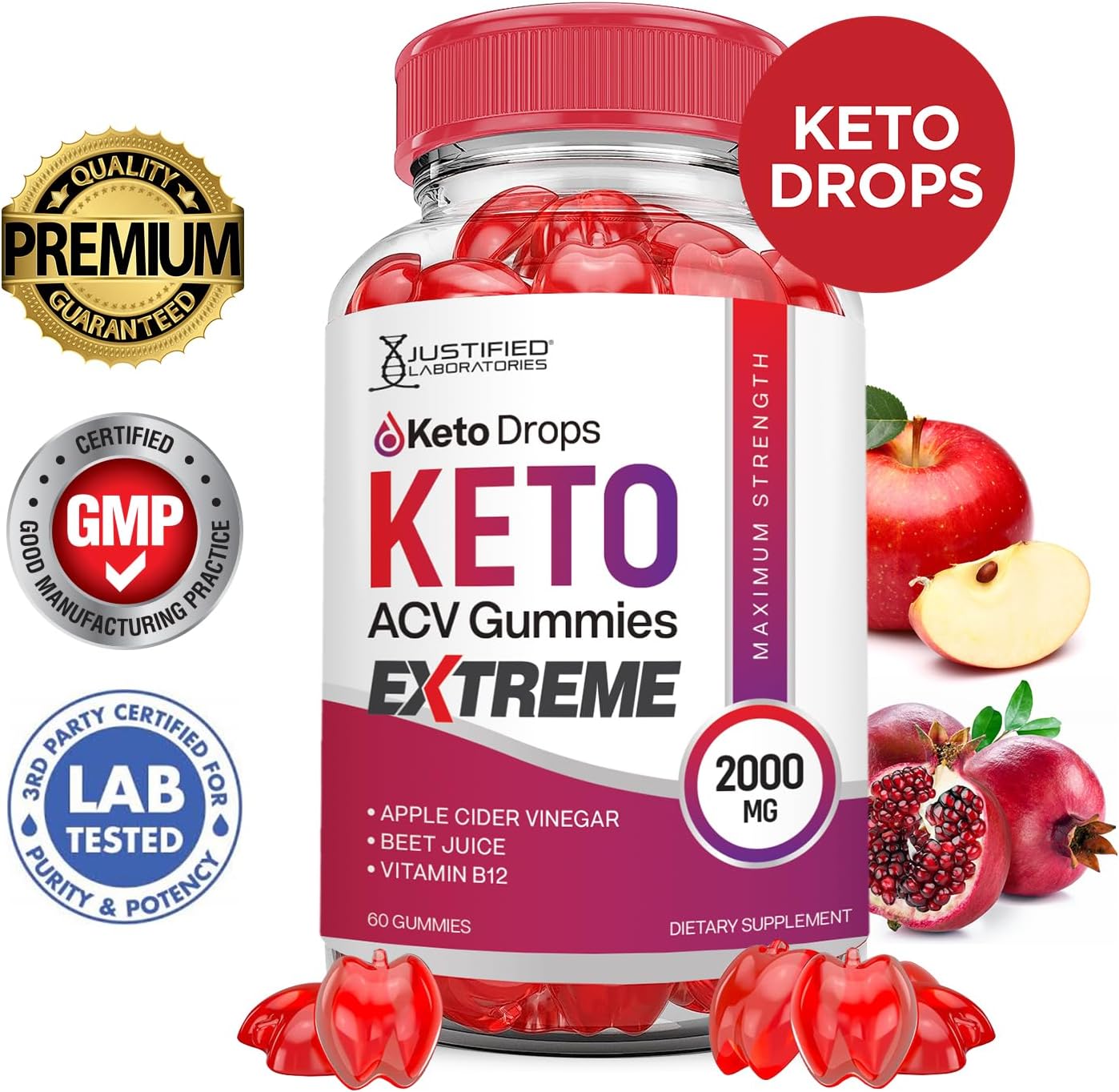 5 Pack of Justified Laboratories Keto Drops and ACV Gummies - 2000MG Extreme Formula with Apple Cider Vinegar, Pomegranate, Beet Juice Powder, B12 - Vegan and Non GMO - 300 Gummies