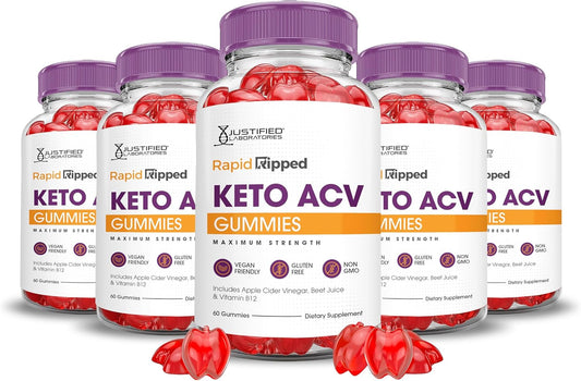 5 Pack of Justified Laboratories Rapid Ripped Keto ACV Gummies - Advanced Formula with 1000MG, Apple Cider Vinegar, Pomegranate, Beet Juice Powder, B12 - Vegan, Non GMO - 300 Gummies