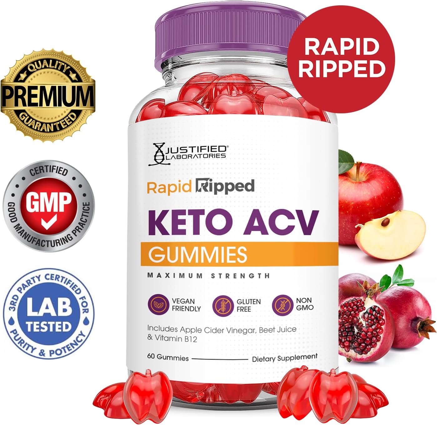 5 Pack of Justified Laboratories Rapid Ripped Keto ACV Gummies - Advanced Formula with 1000MG, Apple Cider Vinegar, Pomegranate, Beet Juice Powder, B12 - Vegan, Non GMO - 300 Gummies