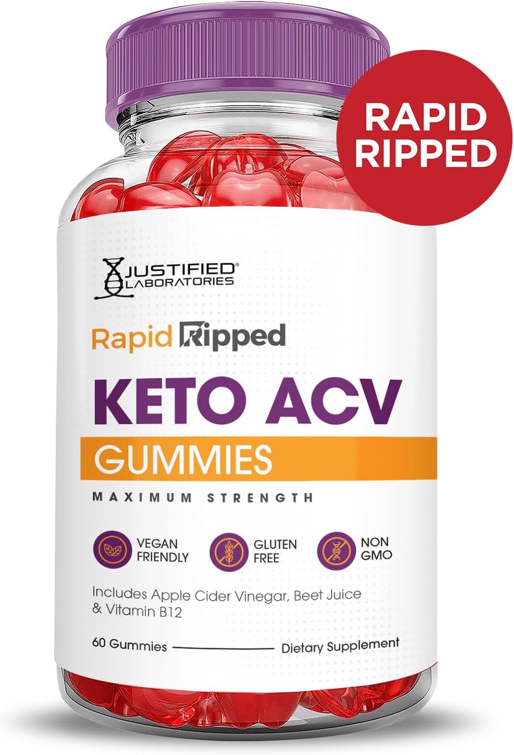 5 Pack of Justified Laboratories Rapid Ripped Keto ACV Gummies - Advanced Formula with 1000MG, Apple Cider Vinegar, Pomegranate, Beet Juice Powder, B12 - Vegan, Non GMO - 300 Gummies