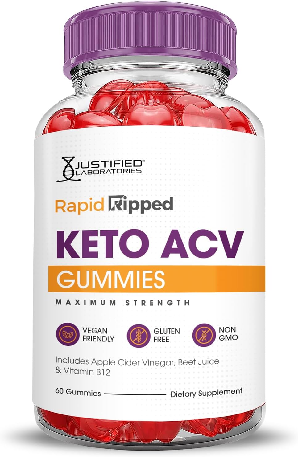 5 Pack of Justified Laboratories Rapid Ripped Keto ACV Gummies - Advanced Formula with 1000MG, Apple Cider Vinegar, Pomegranate, Beet Juice Powder, B12 - Vegan, Non GMO - 300 Gummies