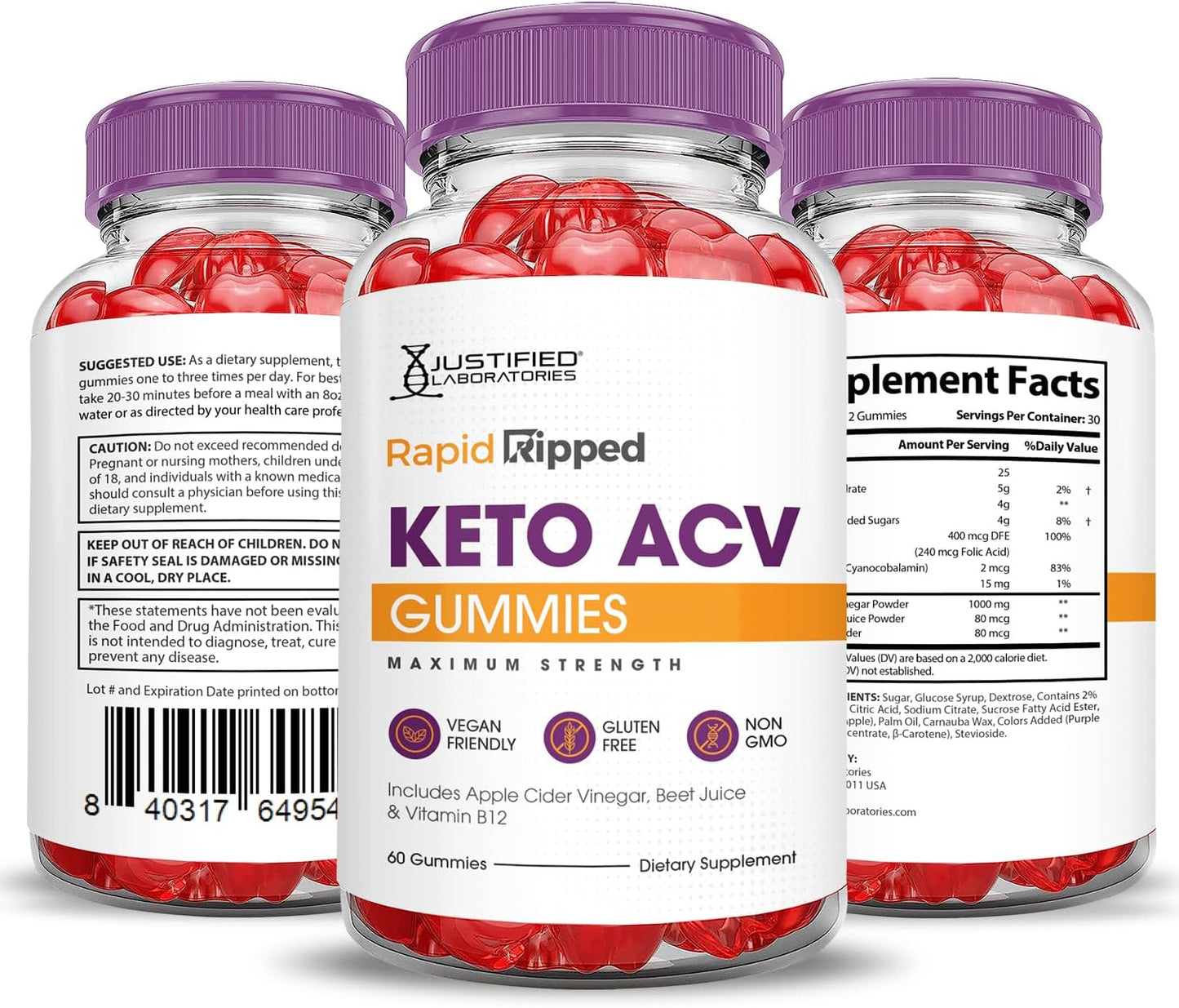 5 Pack of Justified Laboratories Rapid Ripped Keto ACV Gummies - Advanced Formula with 1000MG, Apple Cider Vinegar, Pomegranate, Beet Juice Powder, B12 - Vegan, Non GMO - 300 Gummies