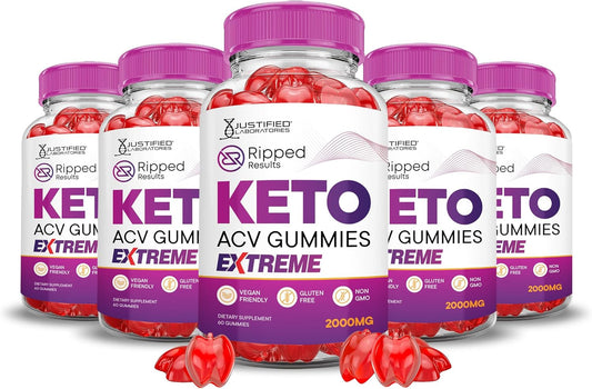 5-Pack of Justified Laboratories Ripped Results Keto ACV Gummies - 2000MG Extreme Strength with Apple Cider Vinegar, Pomegranate, Beet Juice, B12 - Vegan & Non-GMO - 300 Gummies