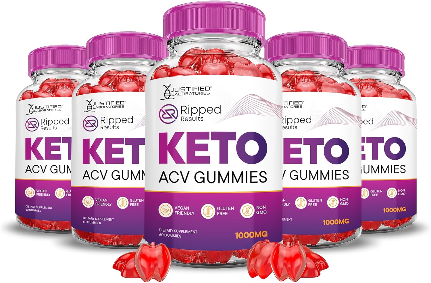 5 Pack of Justified Laboratories Ripped Results Keto ACV Gummies - Advanced Formula with 1000MG, Apple Cider Vinegar, Pomegranate Beet Juice Powder, B12 - Vegan, Non GMO (300 Gummies)