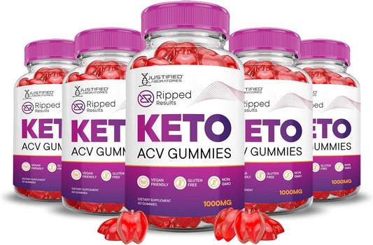 5 Pack of Justified Laboratories Ripped Results Keto ACV Gummies - Advanced Formula with 1000MG, Apple Cider Vinegar, Pomegranate Beet Juice Powder, B12 - Vegan, Non GMO (300 Gummies)