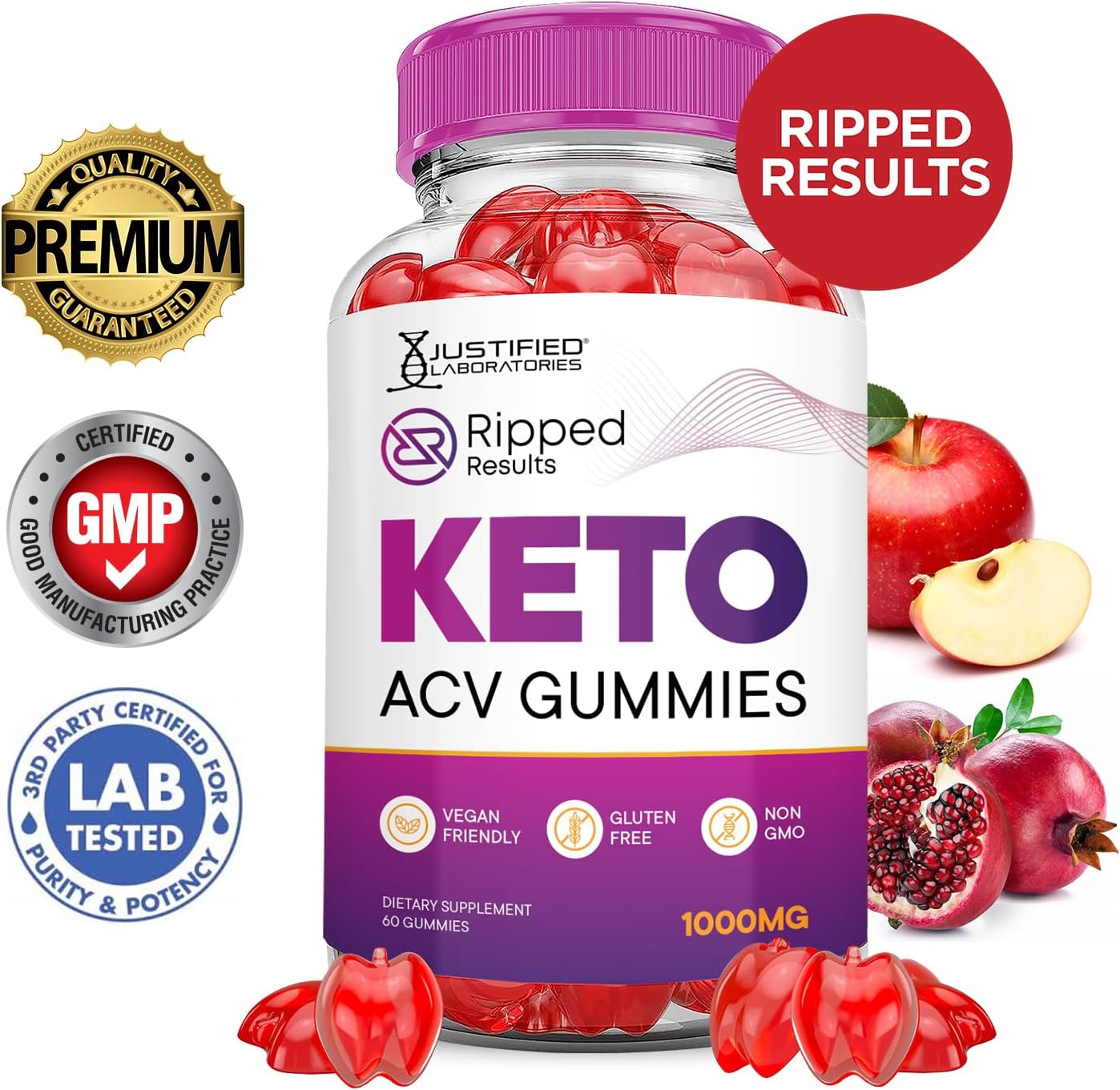 5 Pack of Justified Laboratories Ripped Results Keto ACV Gummies - Advanced Formula with 1000MG, Apple Cider Vinegar, Pomegranate Beet Juice Powder, B12 - Vegan, Non GMO (300 Gummies)