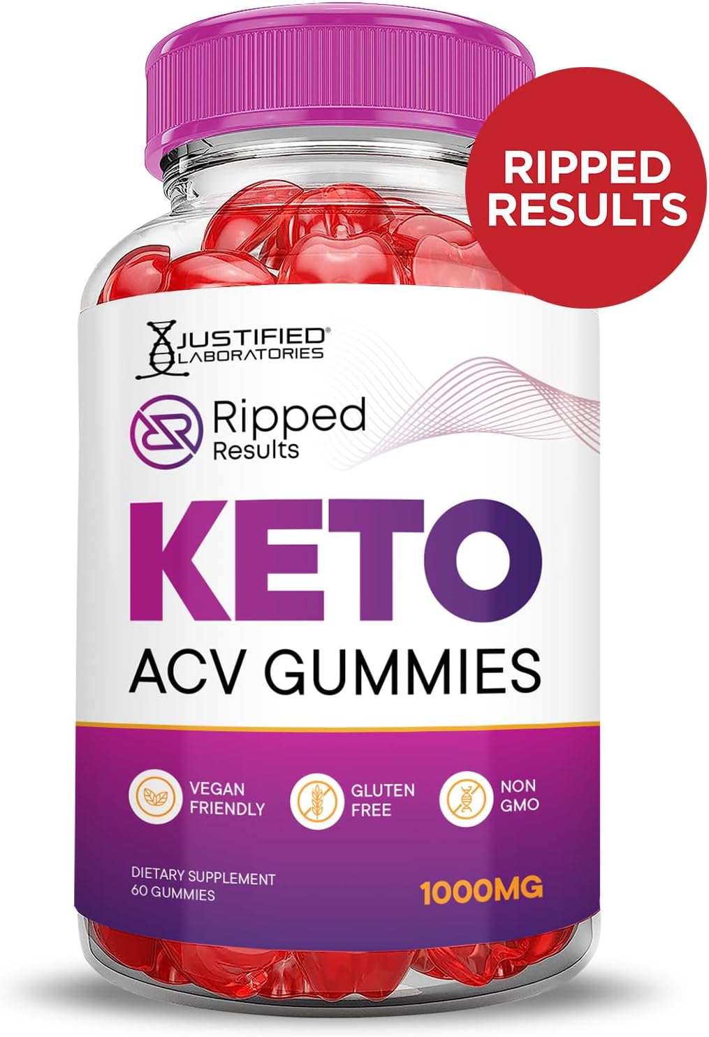 5 Pack of Justified Laboratories Ripped Results Keto ACV Gummies - Advanced Formula with 1000MG, Apple Cider Vinegar, Pomegranate Beet Juice Powder, B12 - Vegan, Non GMO (300 Gummies)