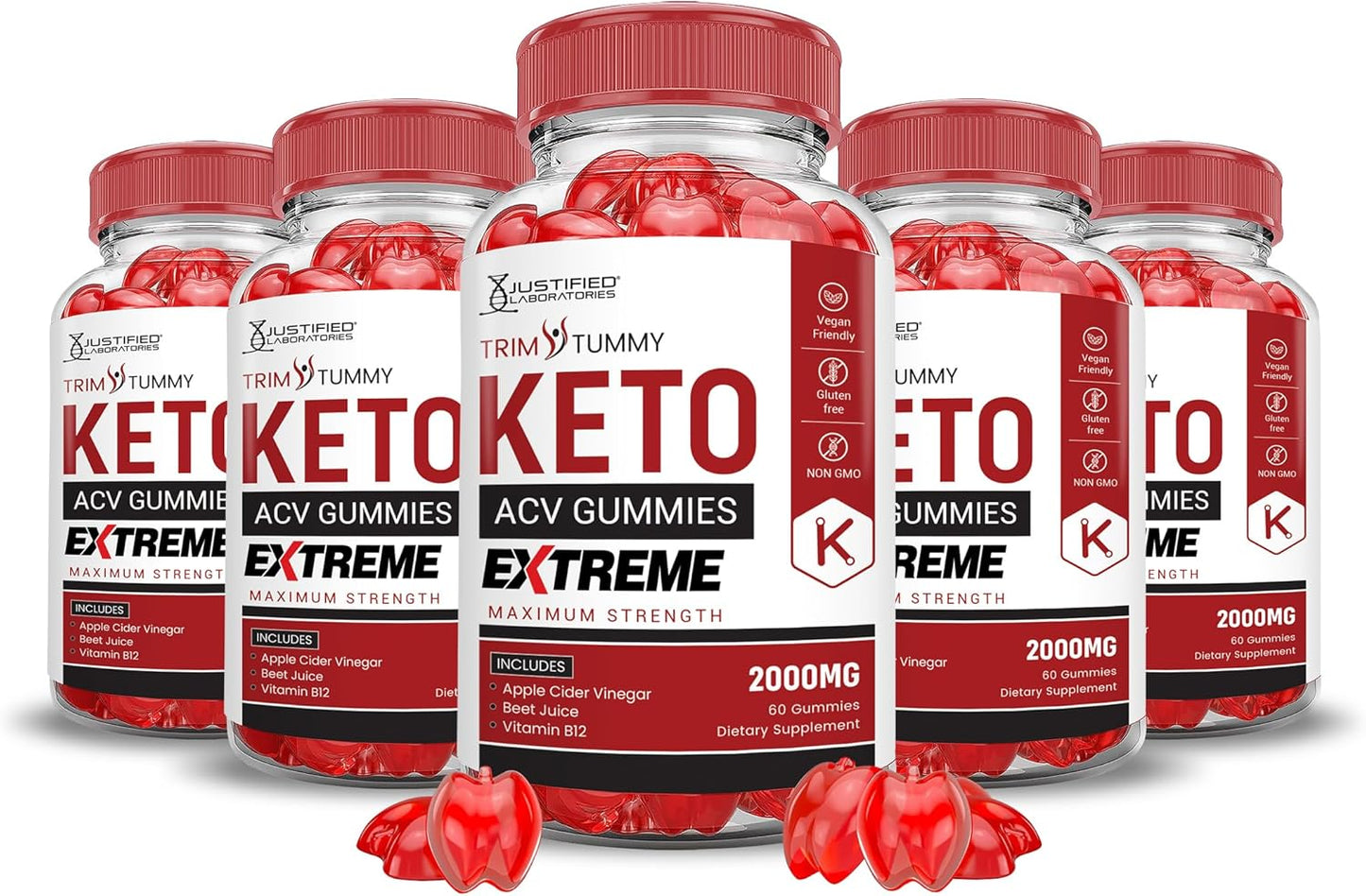 5 Pack of Justified Laboratories Trim Tummy Keto ACV Gummies with 2000MG Extreme Formula, Apple Cider Vinegar, Pomegranate, Beet Juice, B12 - Vegan and Non GMO - 300 Gummies
