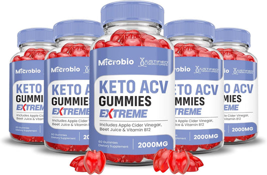 5 Pack of Microbio Keto ACV Gummies Extreme 2000MG with Pomegranate Beet Juice Powder - B12 Vegan Non GMO - 300 Gummies