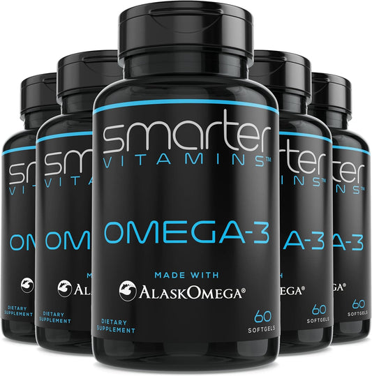 5 Pack SmarterVitamins Omega 3 Fish Oil, Berry Flavor, Burpless & Tasteless, 2000mg, Triple Strength DHA EPA Brain Omega-3, AlaskOmega®