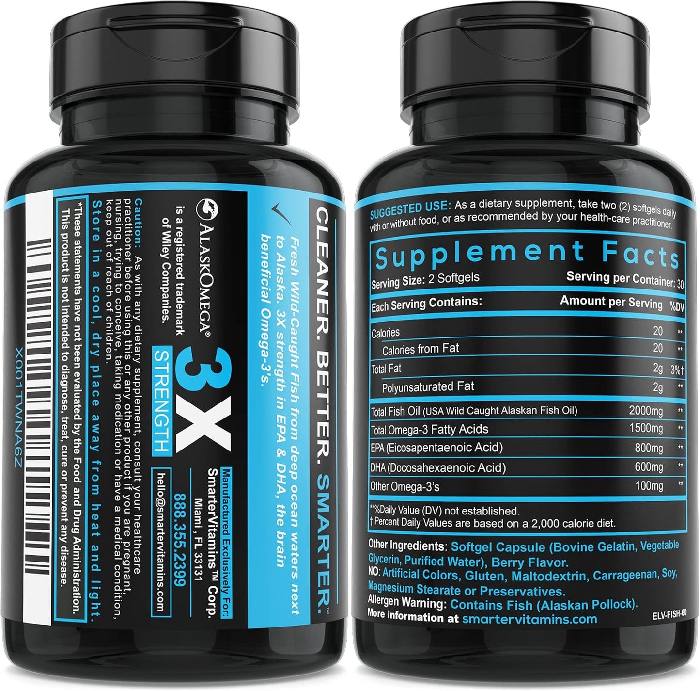 5 Pack SmarterVitamins Omega 3 Fish Oil, Berry Flavor, Burpless & Tasteless, 2000mg, Triple Strength DHA EPA Brain Omega-3, AlaskOmega®