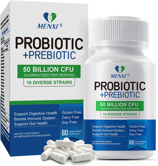 50 Billion CFU Probiotic Supplement with Prebiotics for Digestive, Immune, and Gut Health - 18 Strains for Diarrhea, Gas, and Bloating Relief - Daily Probiotics for Men and Women - 60ct