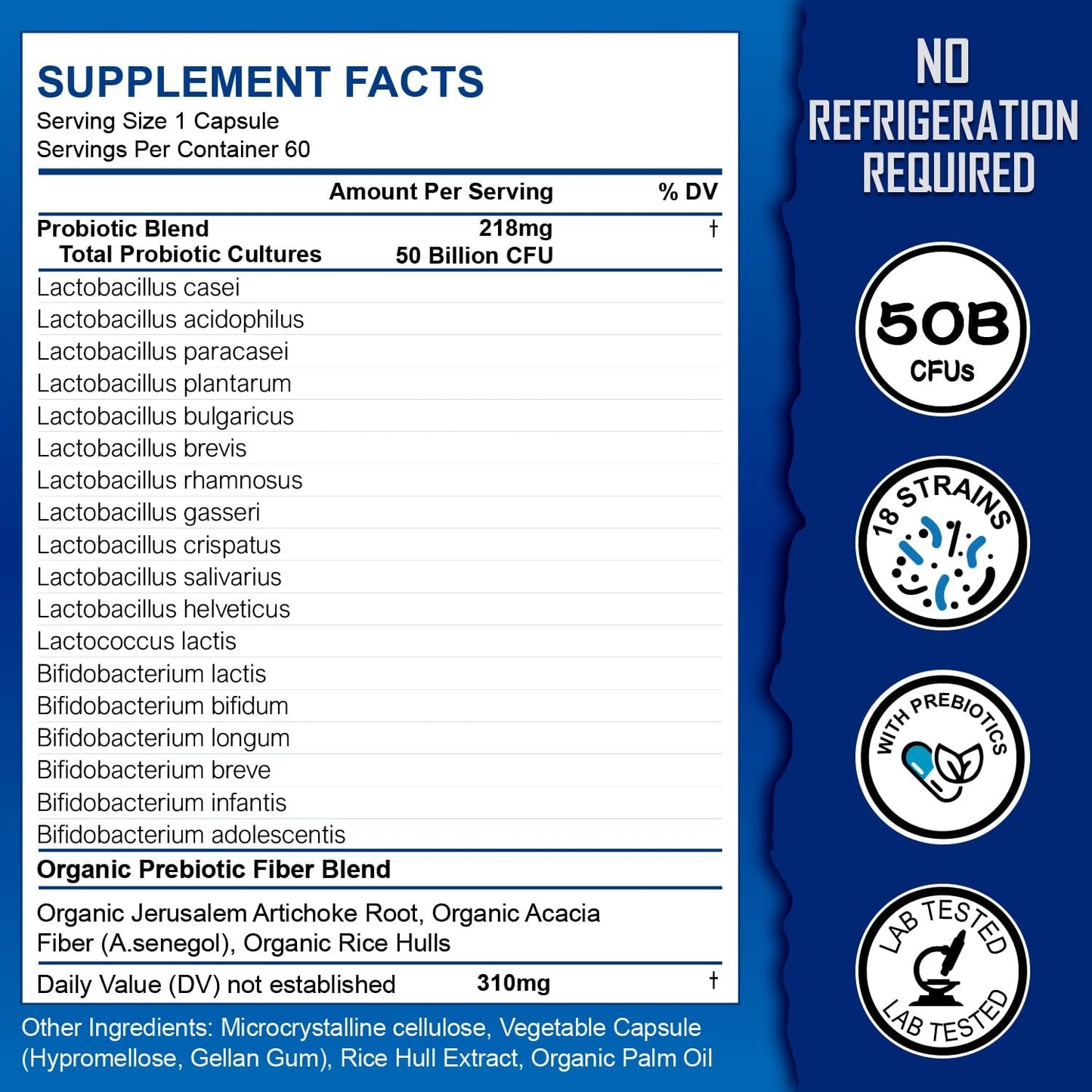 50 Billion CFU Probiotic Supplement with Prebiotics for Digestive, Immune, and Gut Health - 18 Strains for Diarrhea, Gas, and Bloating Relief - Daily Probiotics for Men and Women - 60ct