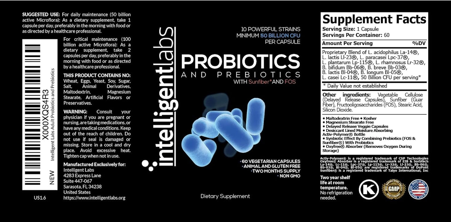 50 Billion CFU Probiotic with Prebiotics, No Refrigeration Needed, Sunfiber & FOS for Enhanced Gut Health, 2 Month Supply