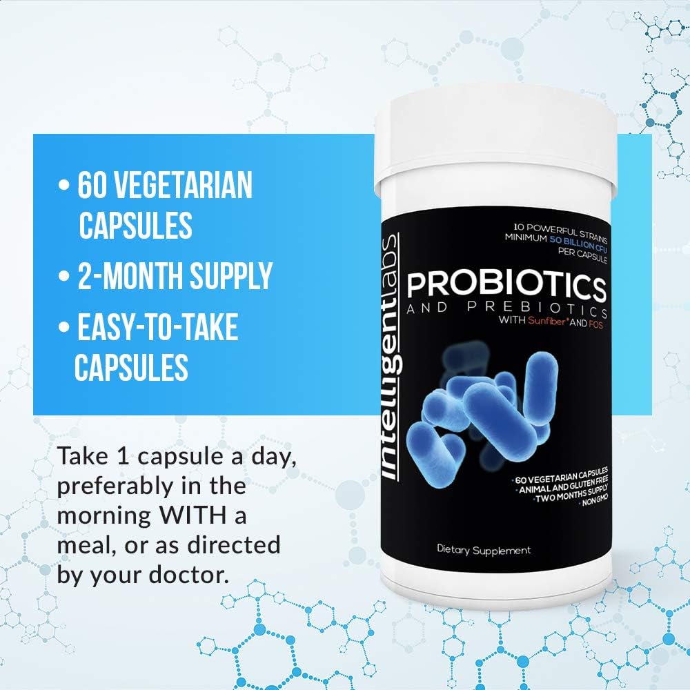 50 Billion CFU Probiotic with Prebiotics, No Refrigeration Needed, Sunfiber & FOS for Enhanced Gut Health, 2 Month Supply