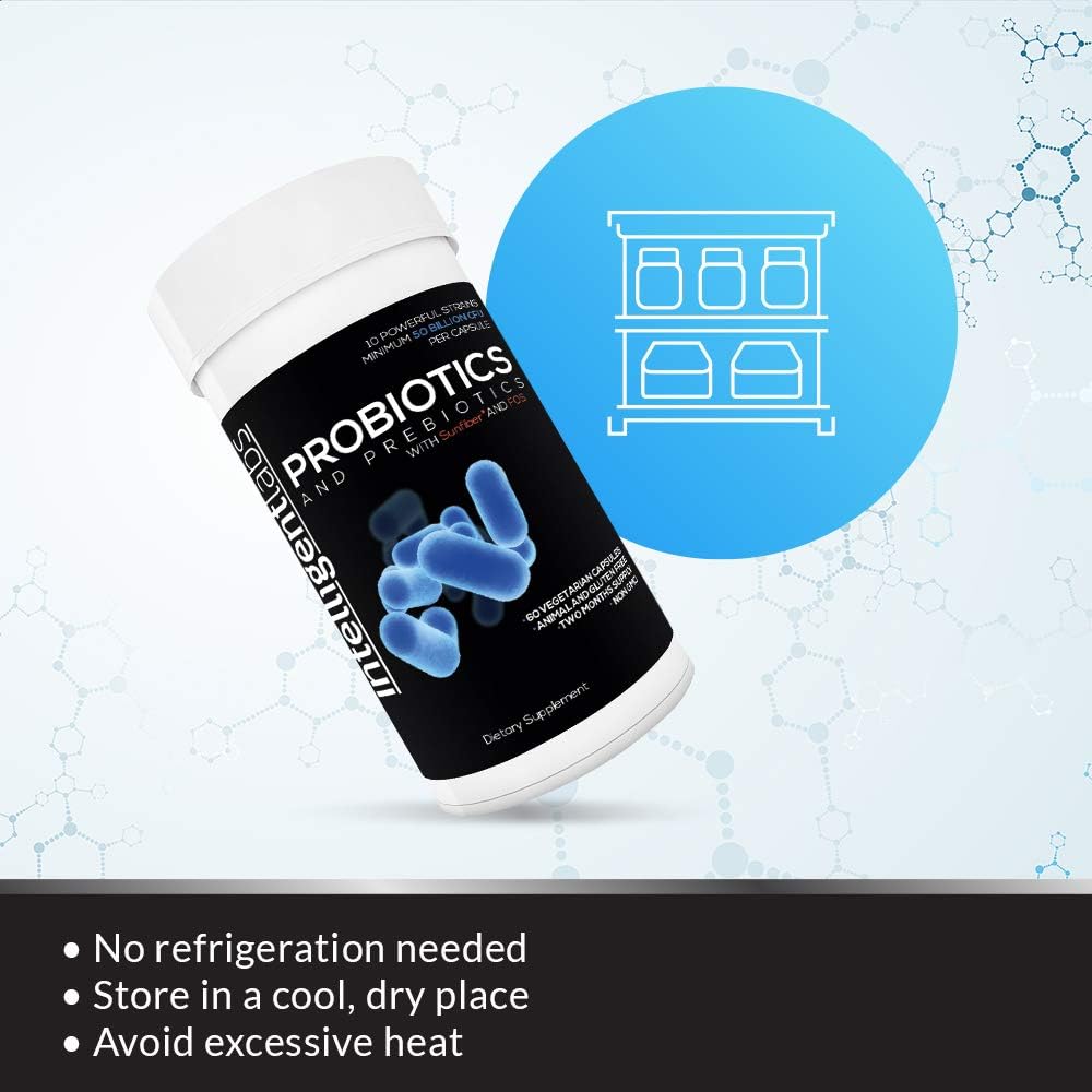 50 Billion CFU Probiotic with Prebiotics, No Refrigeration Needed, Sunfiber & FOS for Enhanced Gut Health, 2 Month Supply