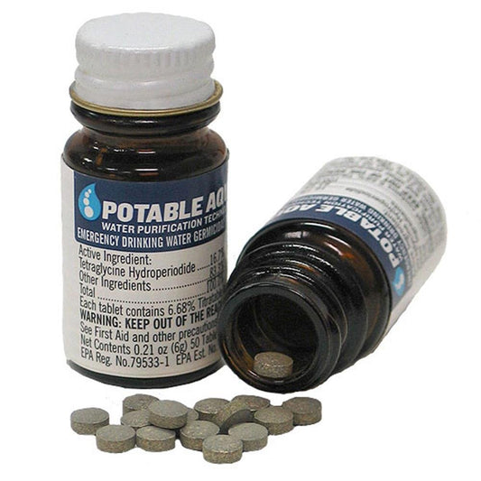 50 Count Bottle of Potable Aqua Water Treatment Tablets for Purification