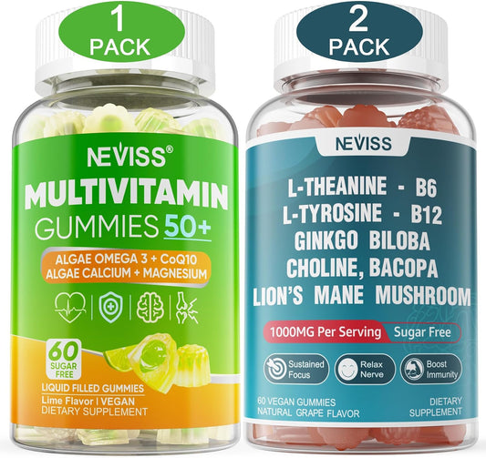 50+ Multivitamin & L-Tyrosine L-Theanine B6 B12 Gummies Bundle for Women & Men