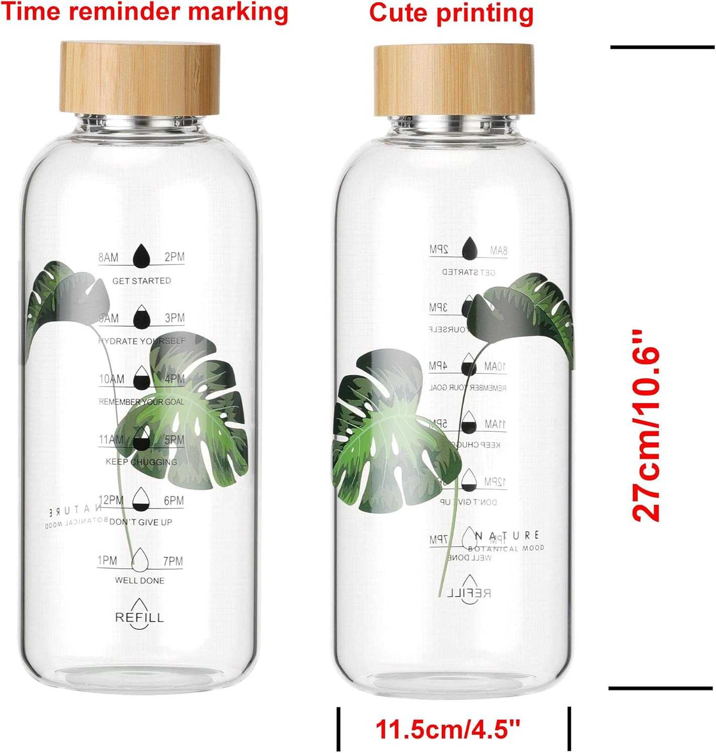 50 oz Glass Water Bottle with Time Markers, Bamboo Lid, Neoprene Sleeve - BPA Free & Wide Mouth