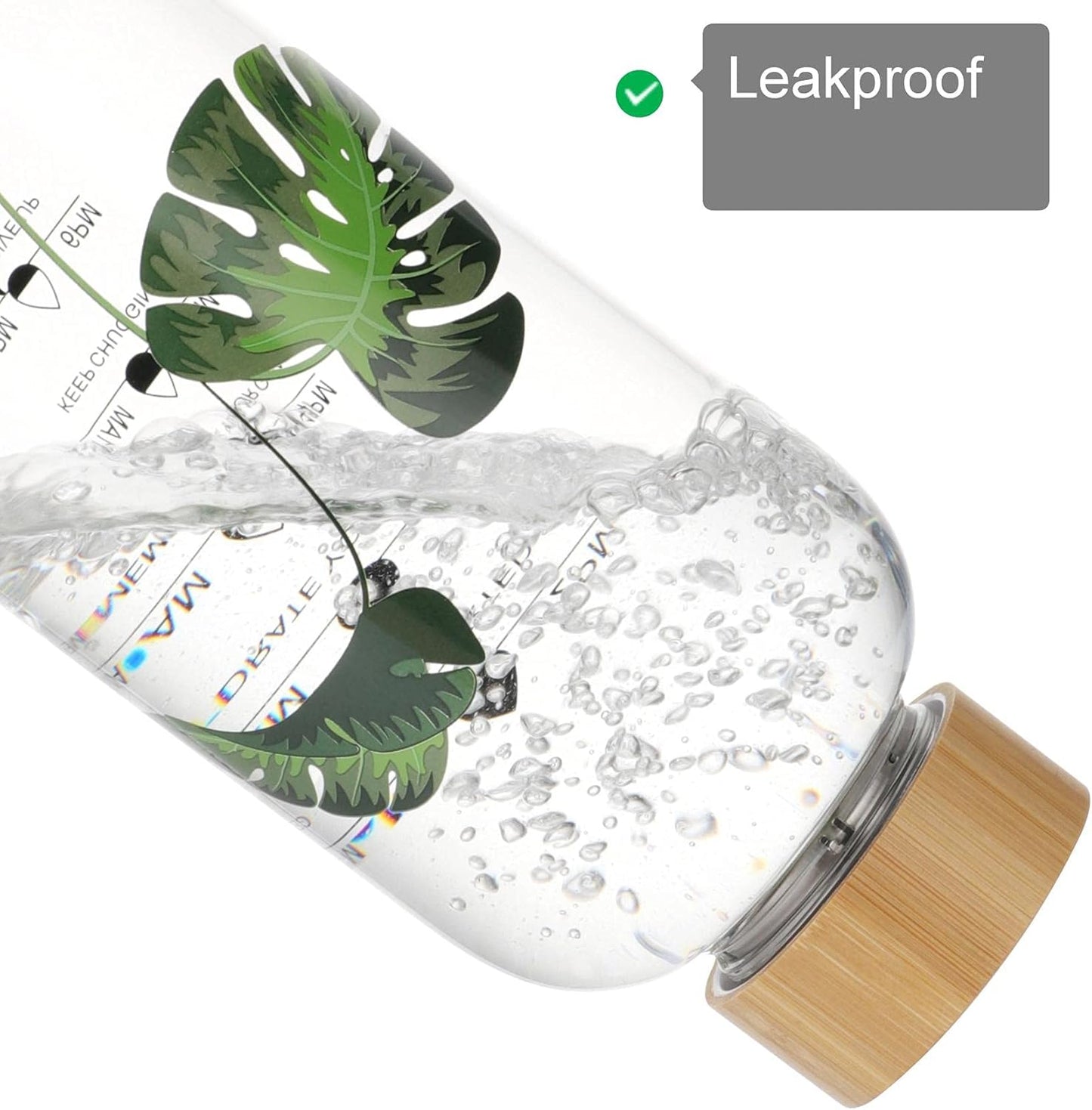 50 oz Glass Water Bottle with Time Markers, Bamboo Lid, Neoprene Sleeve - BPA Free & Wide Mouth