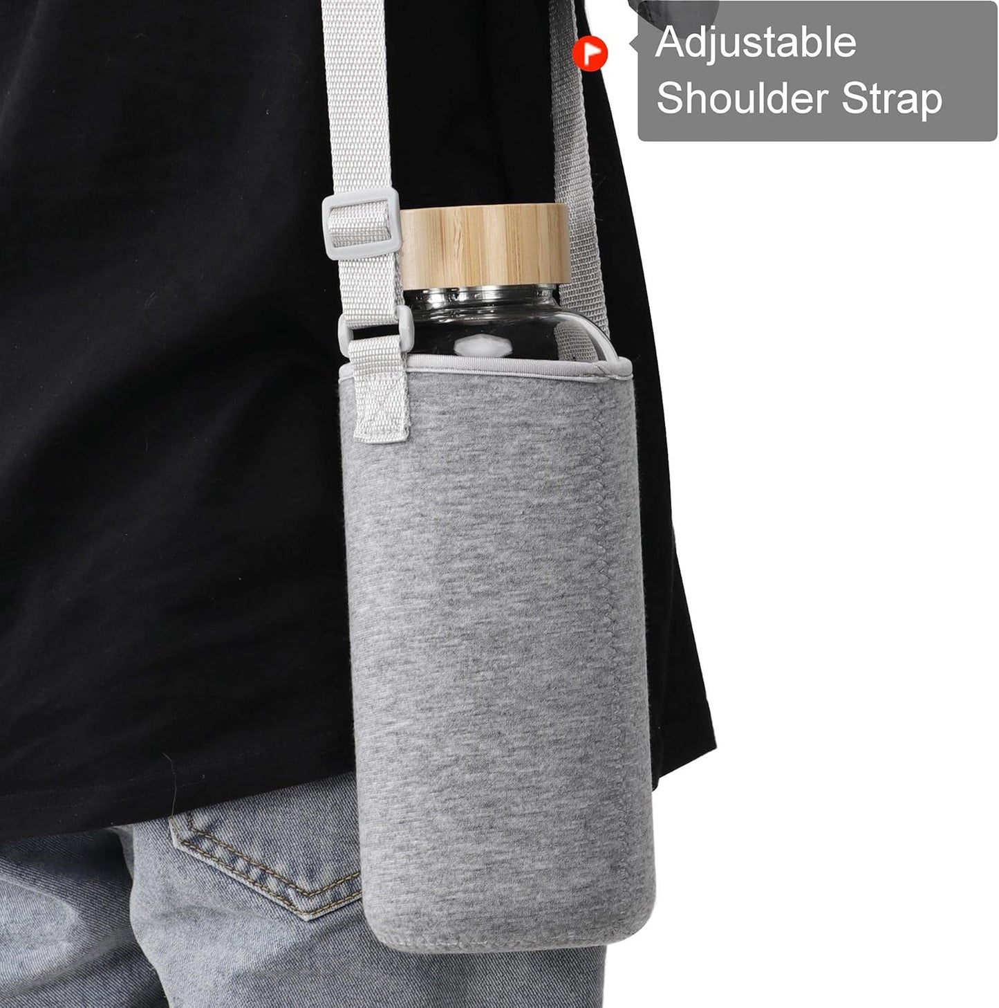 50 oz Glass Water Bottle with Time Markers, Bamboo Lid, Neoprene Sleeve - BPA Free & Wide Mouth