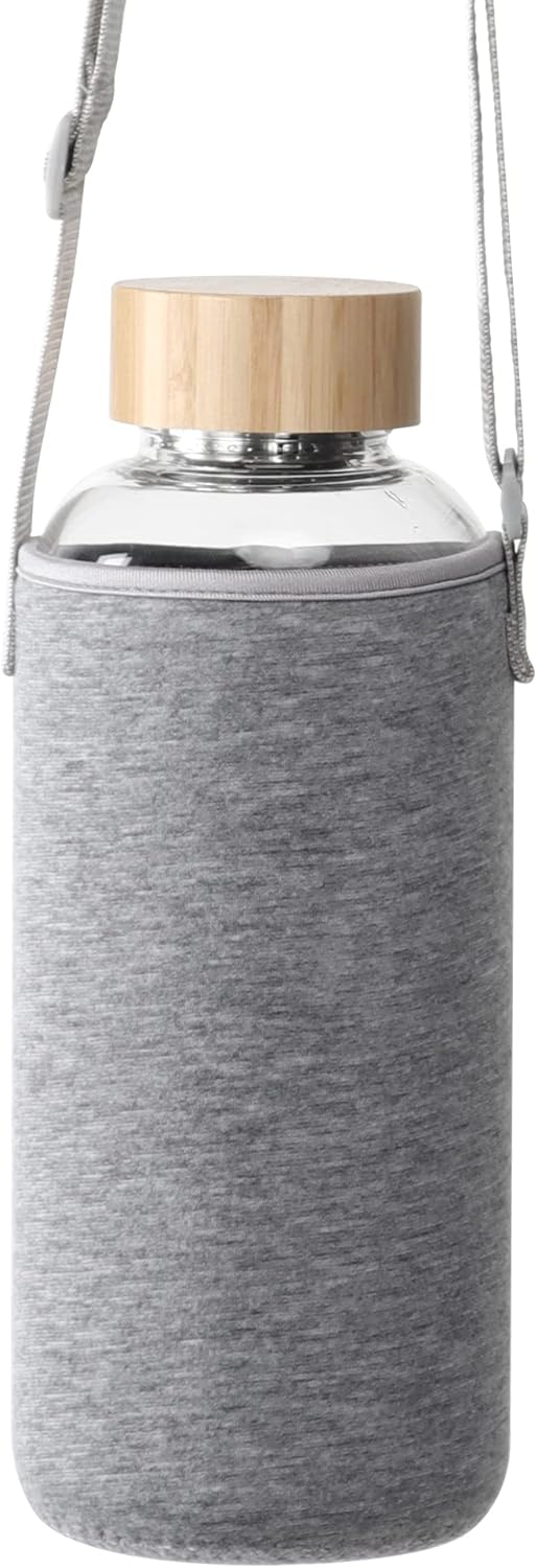 50 oz Glass Water Bottle with Time Markers, Bamboo Lid, Neoprene Sleeve - BPA Free & Wide Mouth