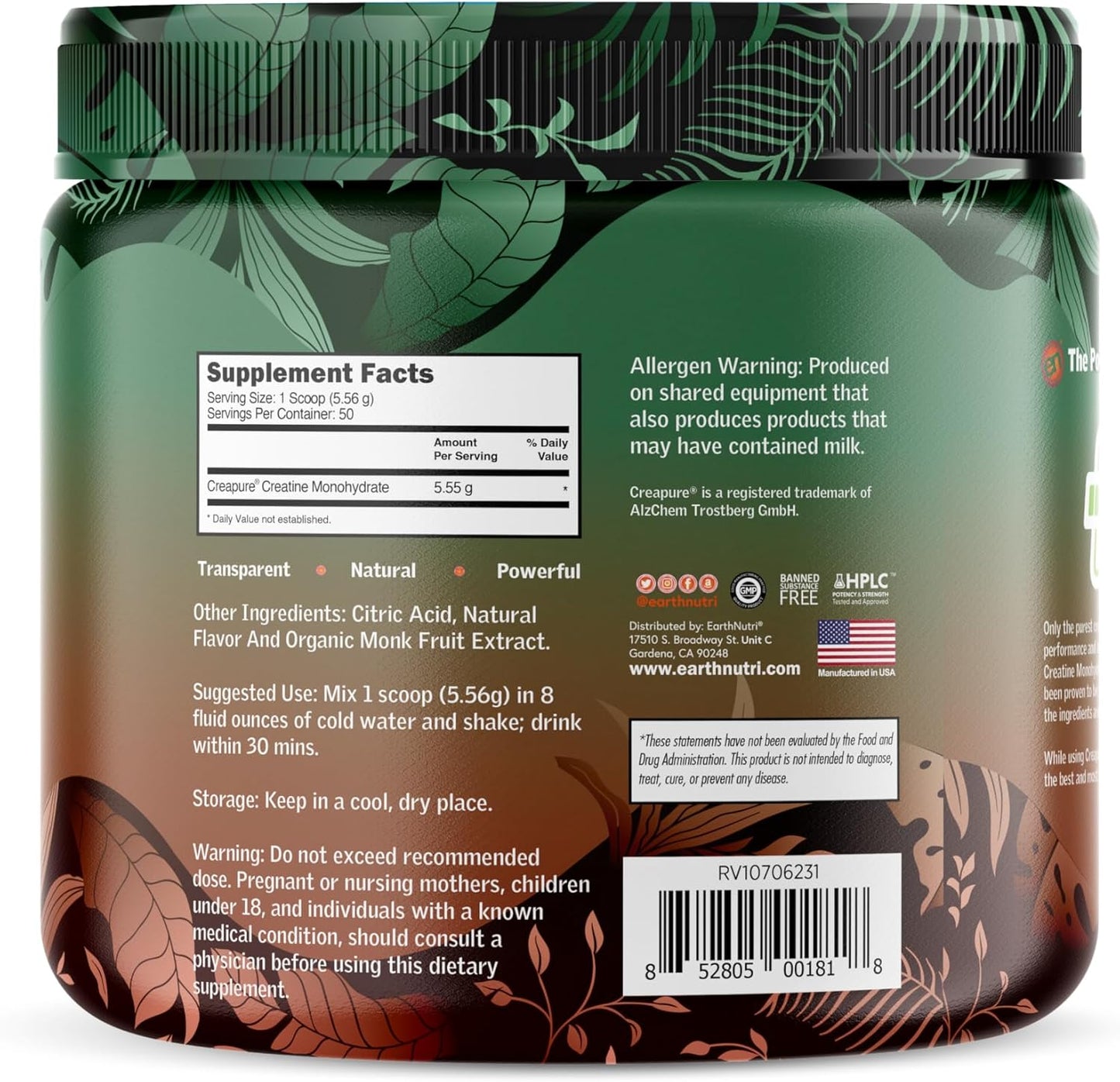 50 Servings of EarthNutri Pure Creatine with Creapure® Monohydrate for Optimal Performance