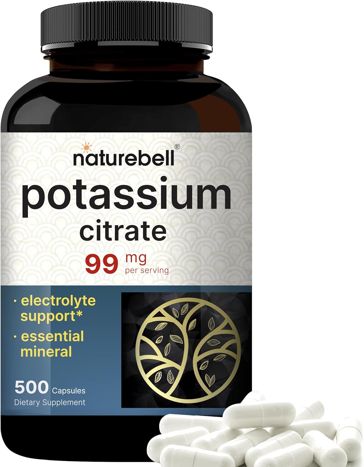 500 Capsules of NatureBell Potassium Citrate Supplement 99mg for Electrolyte Balance and Muscle, Bone, & Heart Health