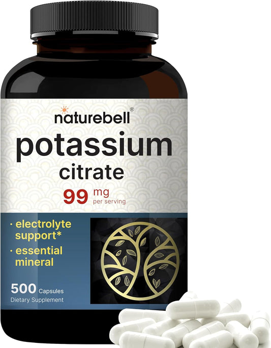 500 Capsules of NatureBell Potassium Citrate Supplement 99mg for Electrolyte Balance and Muscle, Bone, & Heart Health