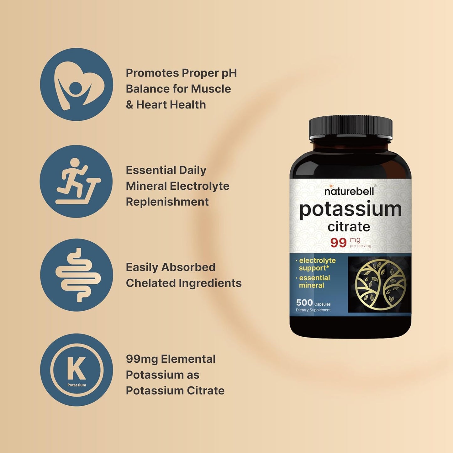 500 Capsules of NatureBell Potassium Citrate Supplement 99mg for Electrolyte Balance and Muscle, Bone, & Heart Health
