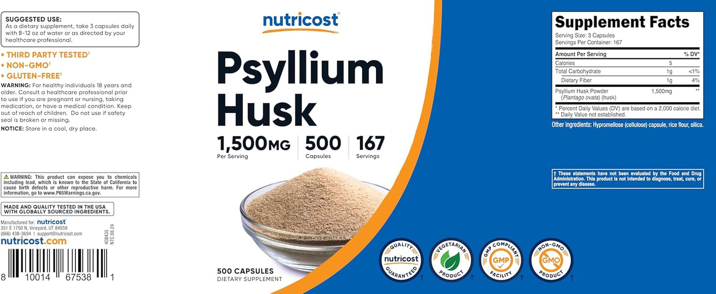 500 Capsules of Nutricost Psyllium Husk, 1500mg Per Serving - Non-GMO & Gluten-Free Fiber Supplement