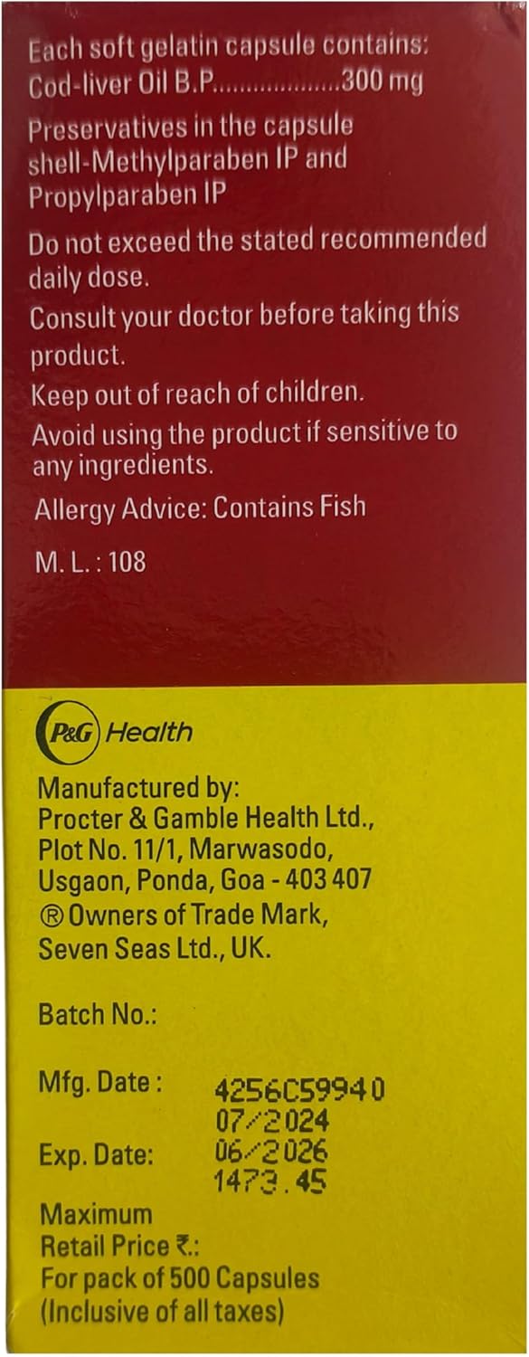 500 Capsules of Seven Seas Cod Liver Fish Oil Supplement for Heart Health and Joint Support
