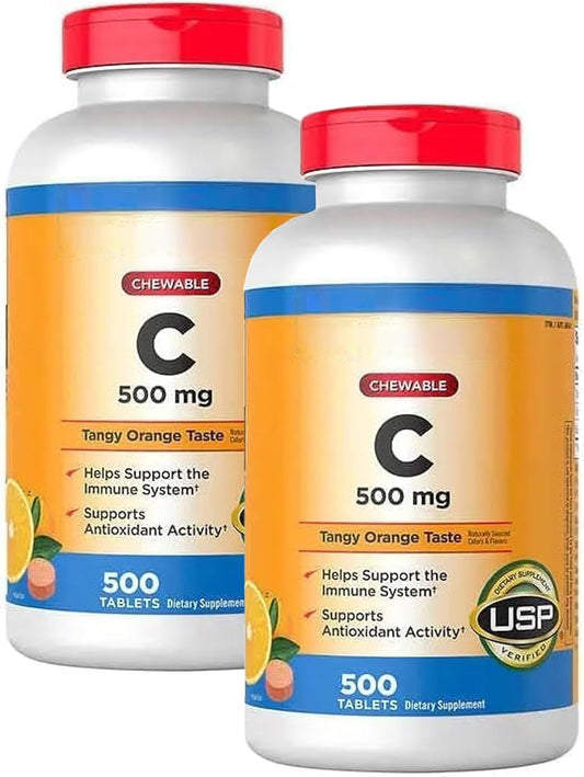 500 Chewable Tablets of BLUE RIBBON Vitamin C 500 mg, Tangy Orange Flavor - Pack of 2