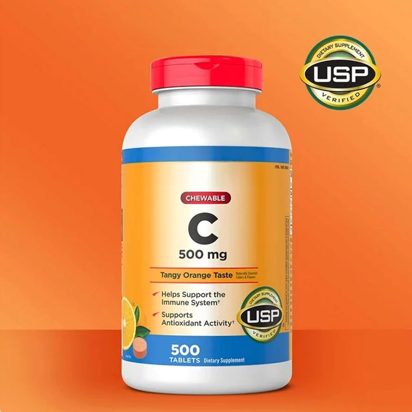 500 Chewable Tablets of BLUE RIBBON Vitamin C 500 mg, Tangy Orange Flavor - Pack of 2
