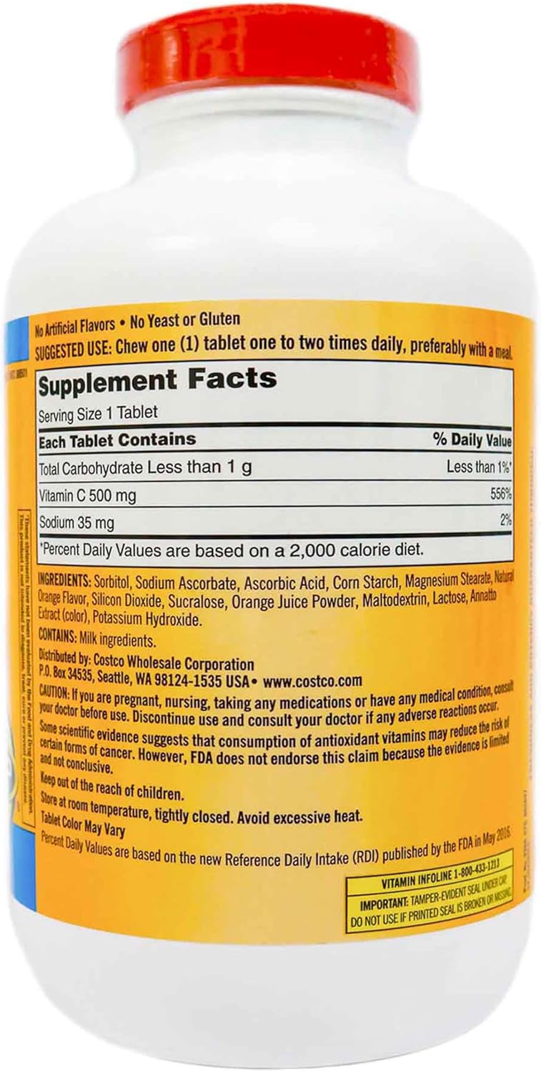 500 Chewable Tablets of BLUE RIBBON Vitamin C 500 mg, Tangy Orange Flavor - Pack of 2