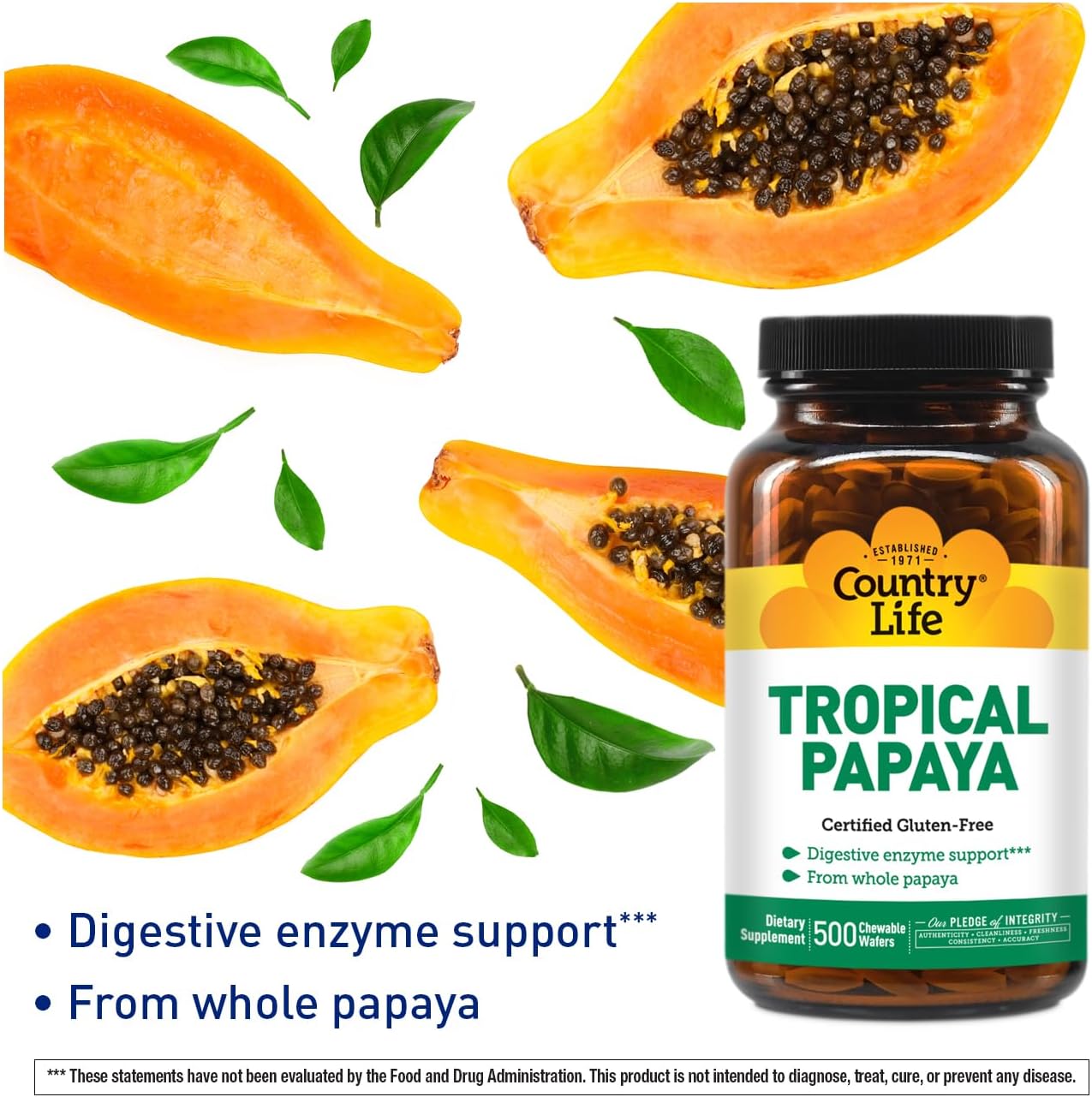 500 Chewable Wafers of Country Life Natural Tropical Papaya Enzyme - Digestive Support Supplement - BoostGo Australia
