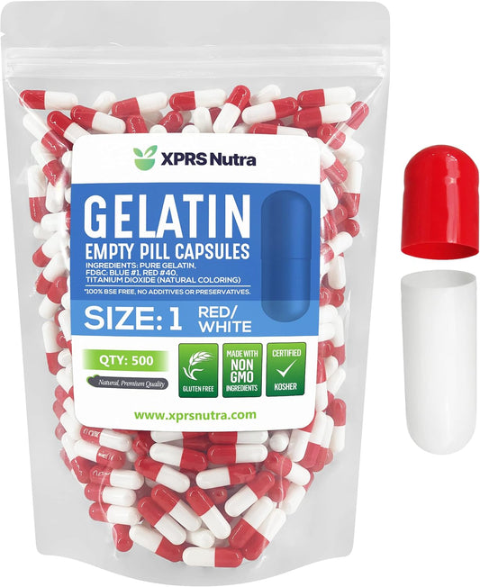 500 Count Empty Gelatin Capsules for DIY Capsule Filling - XPRS Nutra Size 1 Empty Capsules - Pure Bovine Pill Capsules (Red/White)