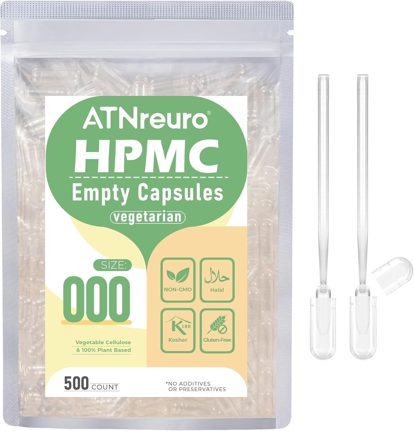 500 Count Empty Vegan Capsules with Micro Spoons for Powders Supplements - Vegetarian Pill Capsules