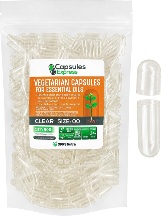 500 Count Size 00 Clear Vegan Capsules for Essential Oils - Empty Vegetable Capsules - DIY Oil Filling Compatible with Most Oils
