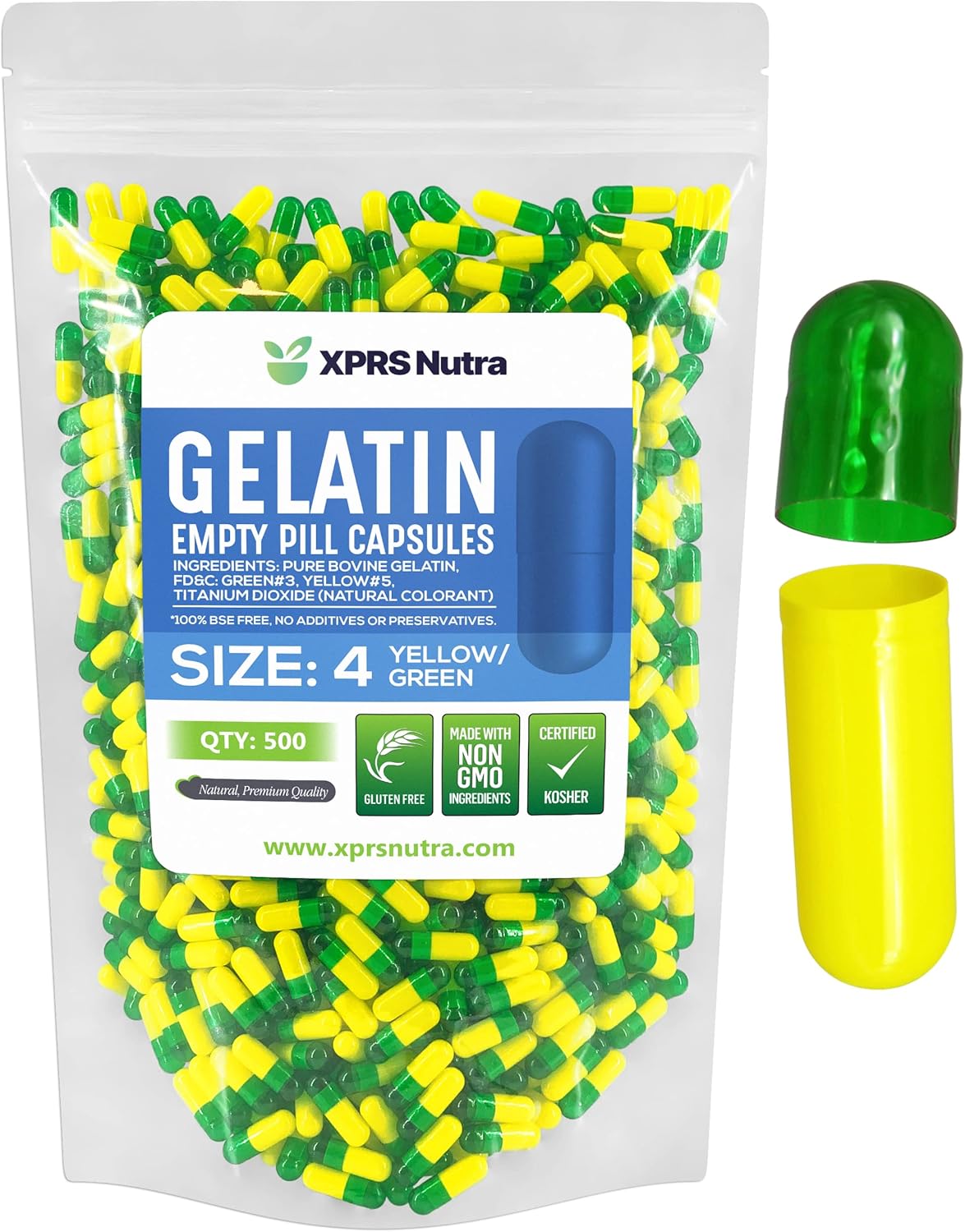 500 Count Small Empty Gelatin Capsules for DIY Capsule Filling - Bovine Green/Yellow Empty Gel Caps - XPRS Nutra - BoostGo Australia