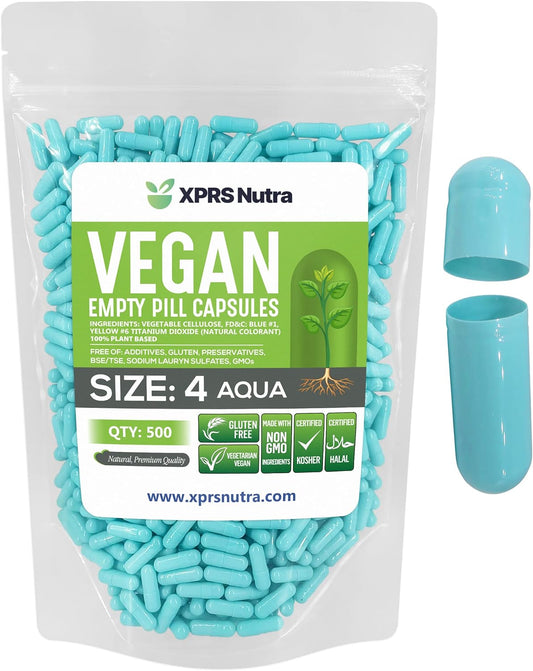 500 Count Small Empty Vegan Capsules for DIY Vegetable Capsule Filling - XPRS Nutra Size 4 Vegetarian Pill Capsules - Aqua Veggie Pill Capsules