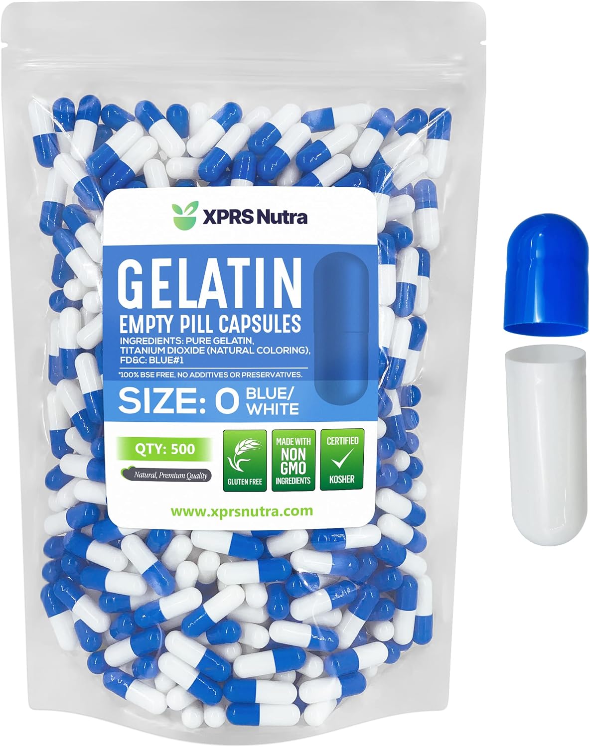 500 Count XPRS Nutra Size 0 Blue/White Empty Gelatin Capsules for DIY Capsule Filling