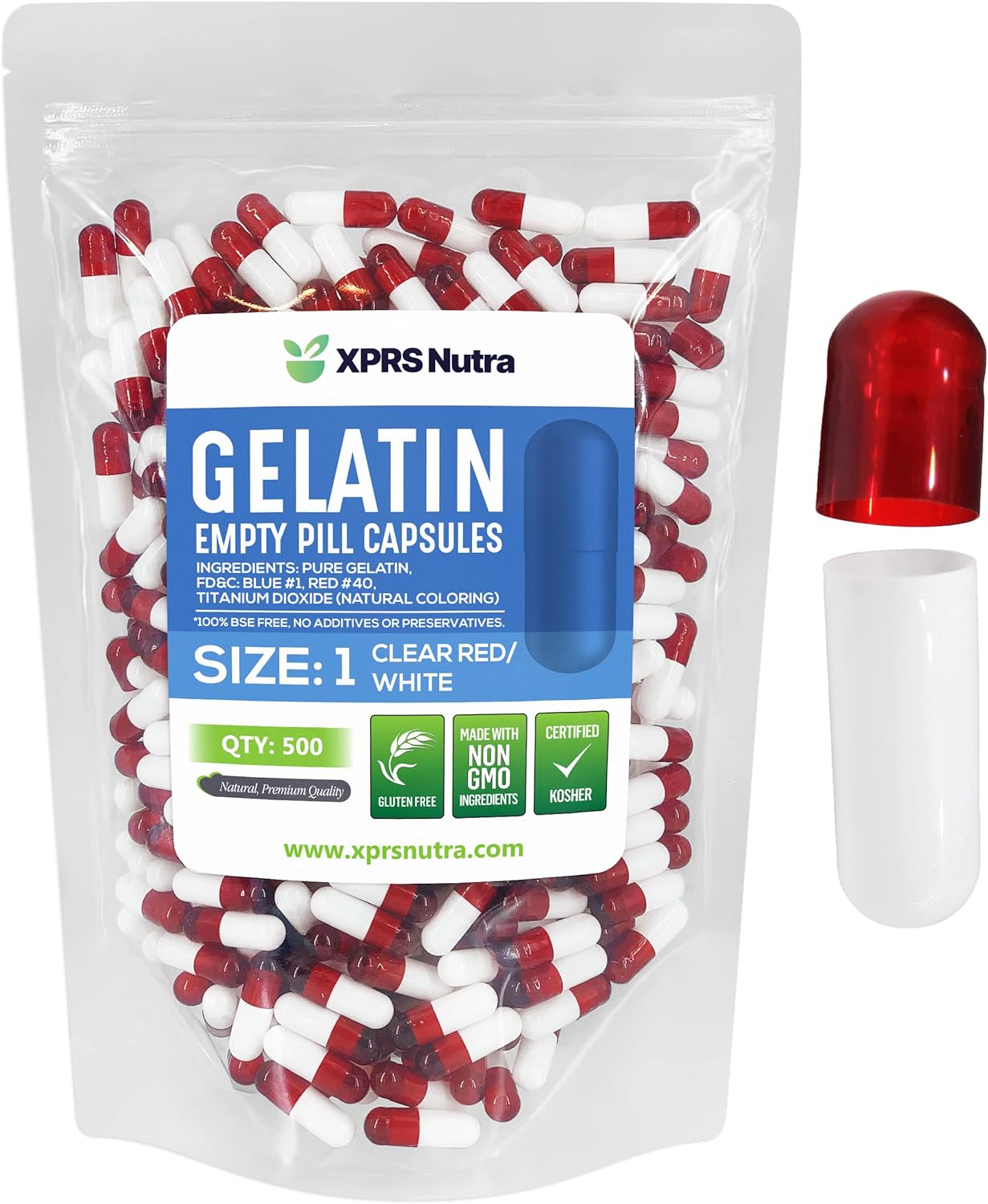 500 Count XPRS Nutra Size 1 Clear Red/White Empty Gelatin Capsules for DIY Capsule Filling