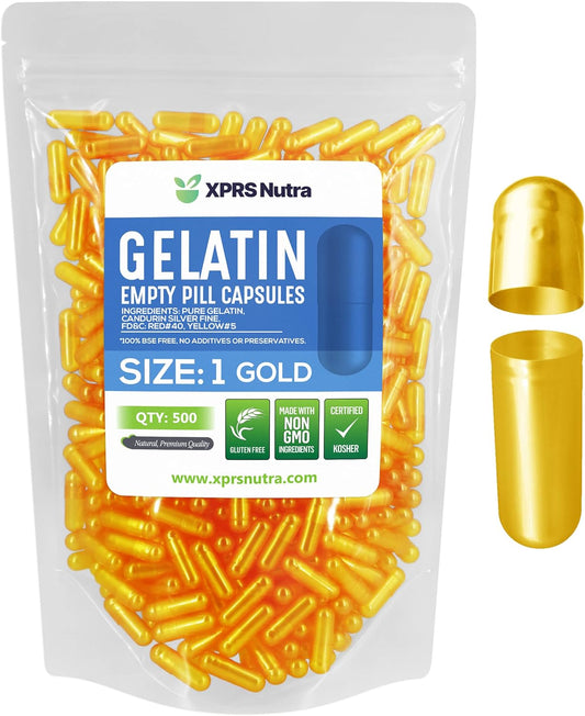 500 Count XPRS Nutra Size 1 Empty Gelatin Capsules for DIY Capsule Filling - Pure Bovine Pill Capsules (Gold)