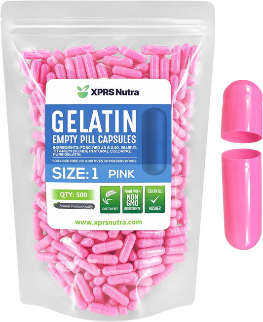 500 Count XPRS Nutra Size 1 Pink Empty Gelatin Capsules for DIY Capsule Filling - Pure Bovine Empty Pill Capsules