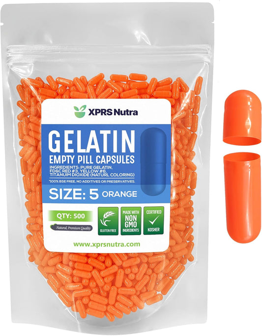 500 Count XPRS Nutra Size 5 Small Empty Gelatin Capsules - Orange Fillable DIY Pill Capsules for Filling
