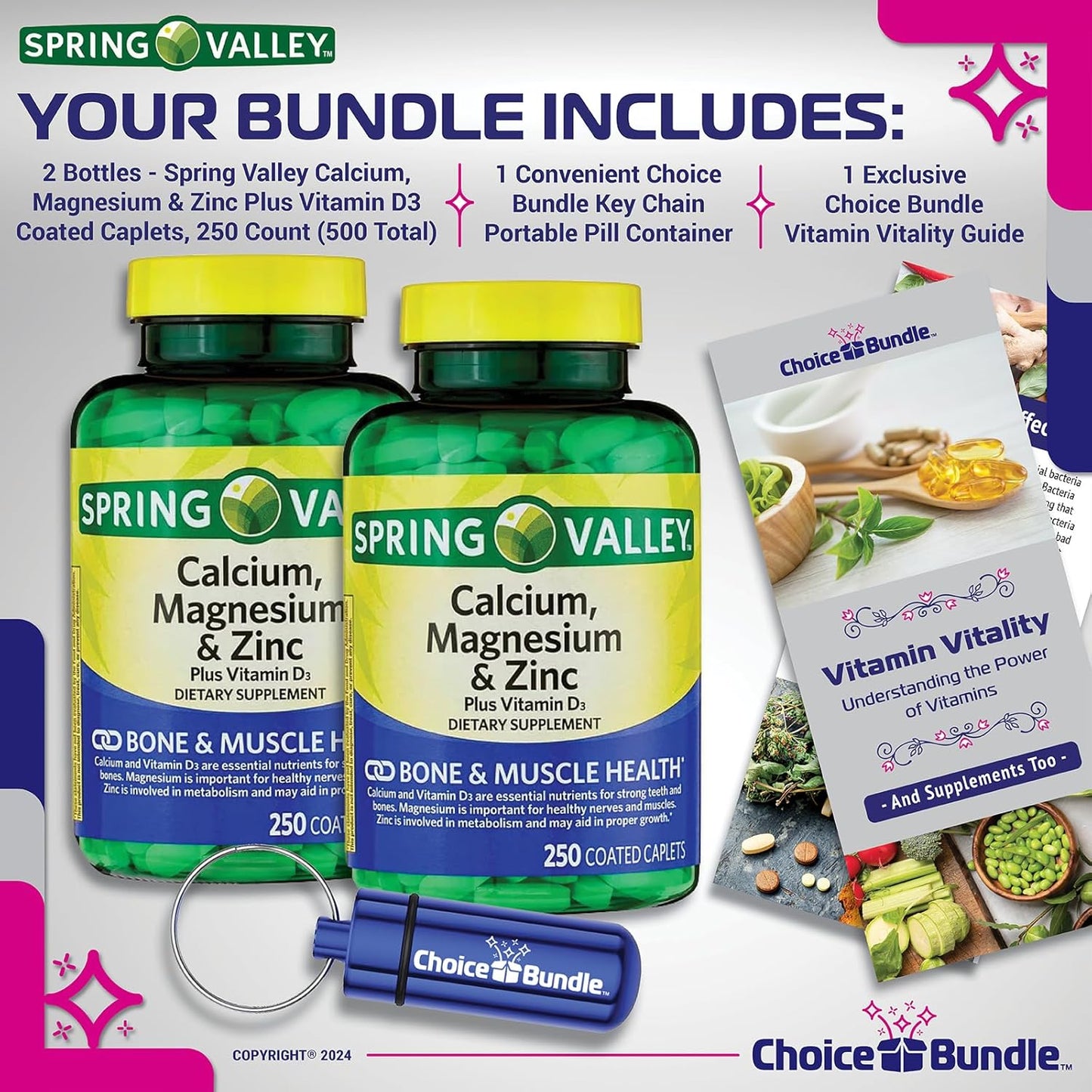 500 ct Spring Valley Calcium, Magnesium, Zinc, Vitamin D3 Caplets Bundle with Vitamin Vitality Guide & Pill Container