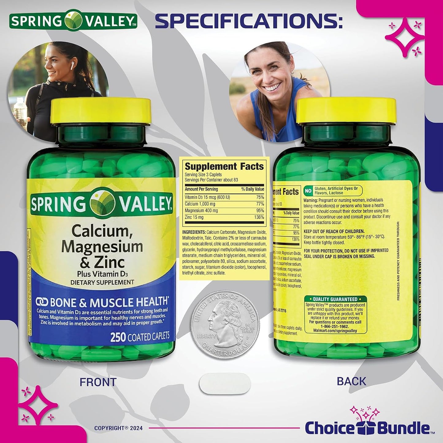 500 ct Spring Valley Calcium, Magnesium, Zinc, Vitamin D3 Caplets Bundle with Vitamin Vitality Guide & Pill Container